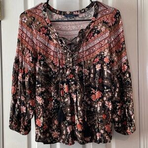 American Eagle XS Floral Corset Tie‎ Peasant Blouse